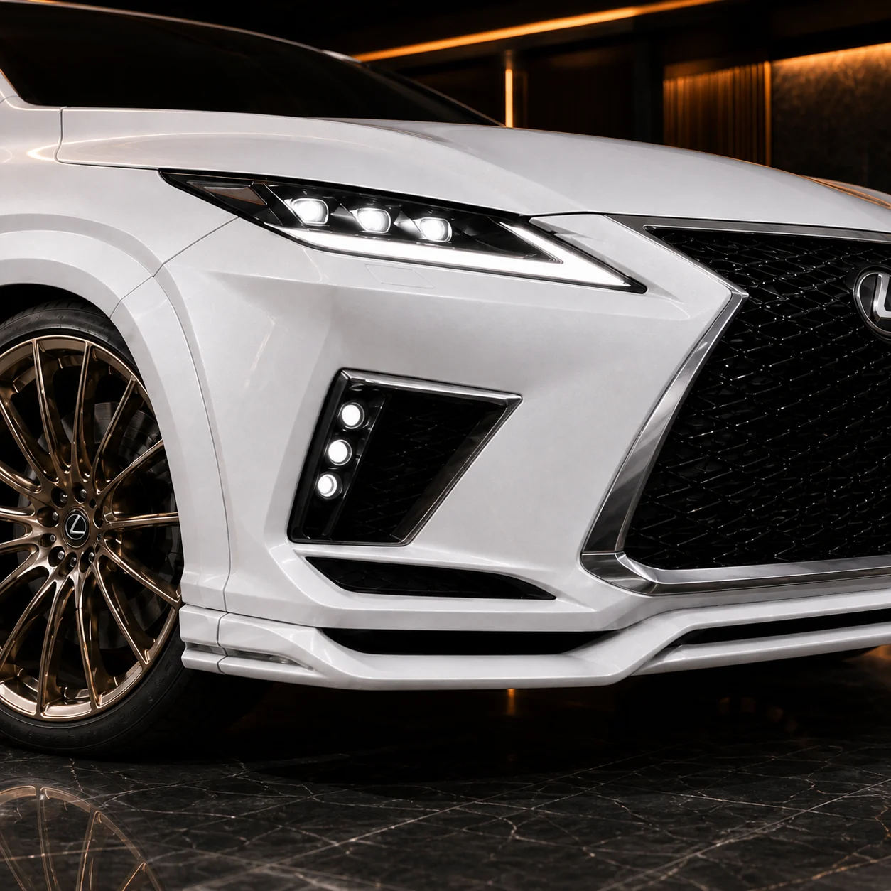 Lexus RX450h F SPORT front under and six-lamp bumper-garnish AI concept detail