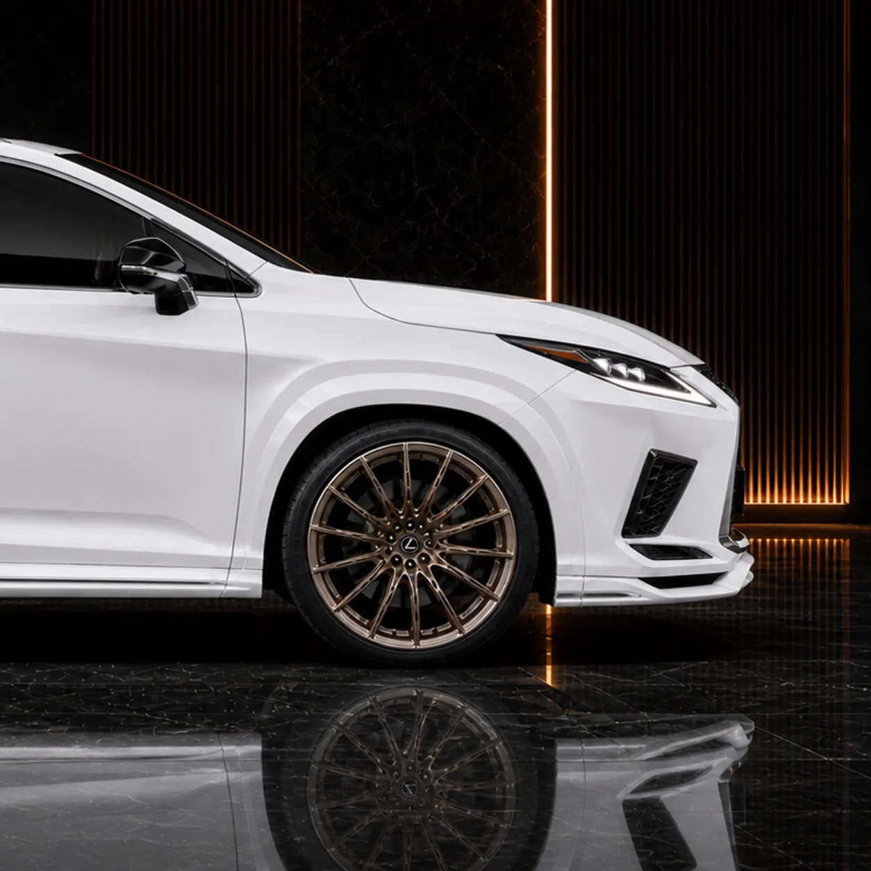 Lexus RX450h satin-bronze wheel, 30 mm arch and side under AI concept detail