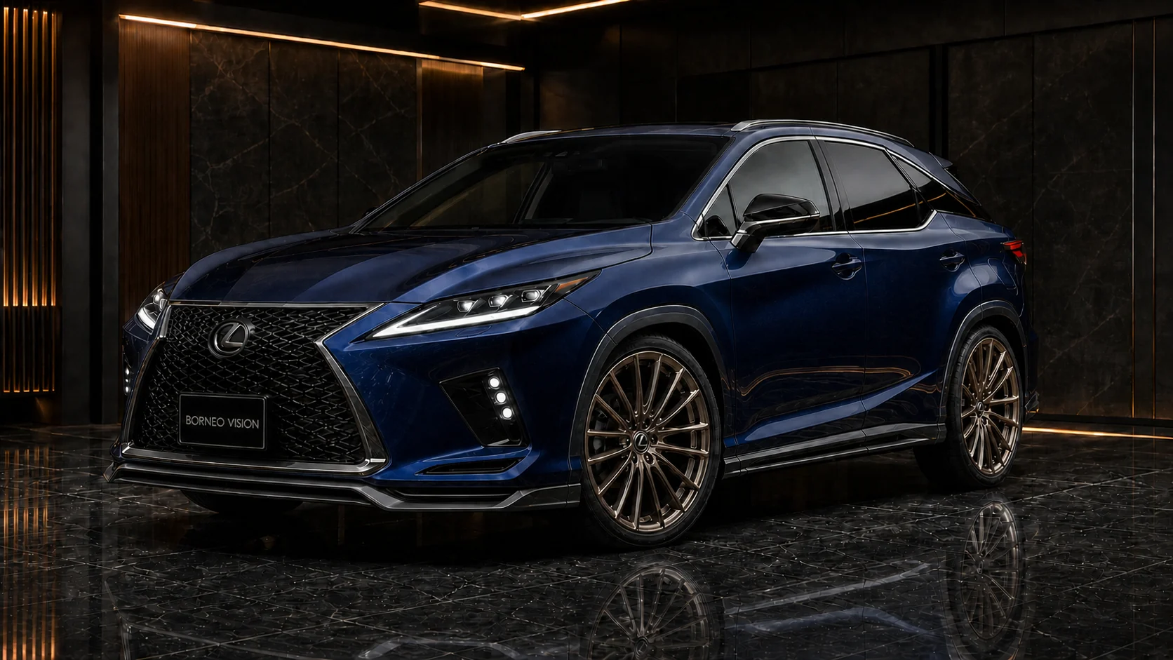Midnight Sapphire Lexus RX450h F SPORT 8–10 mm mild-arch complete front AI concept visual