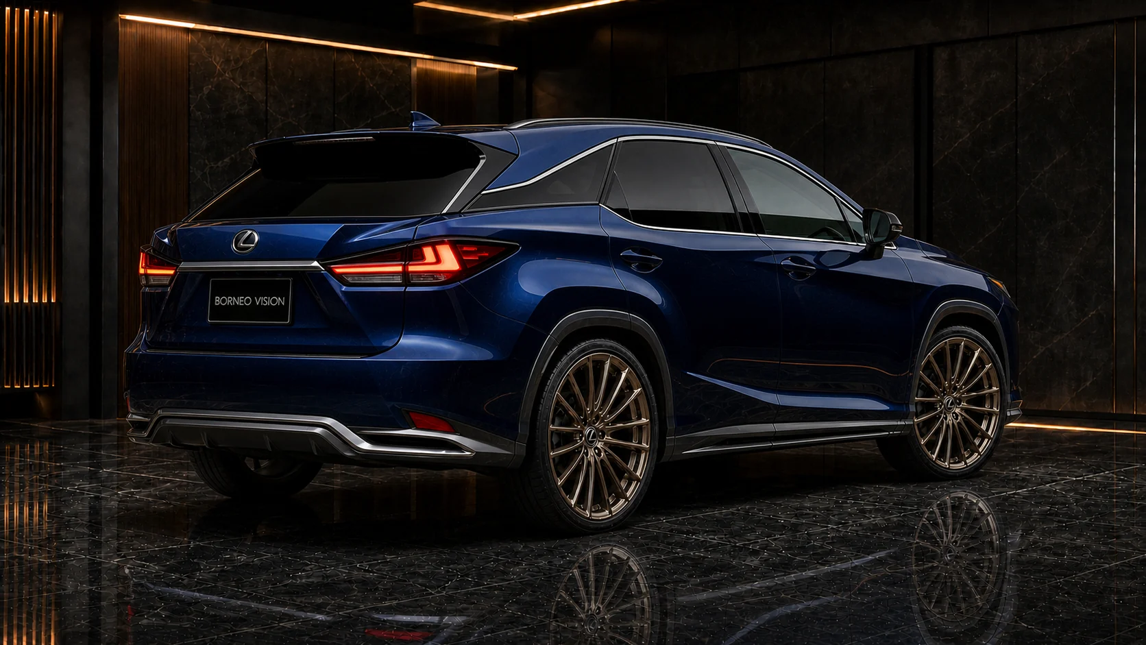 Midnight Sapphire Lexus RX450h F SPORT mild-arch hybrid rear AI concept visual