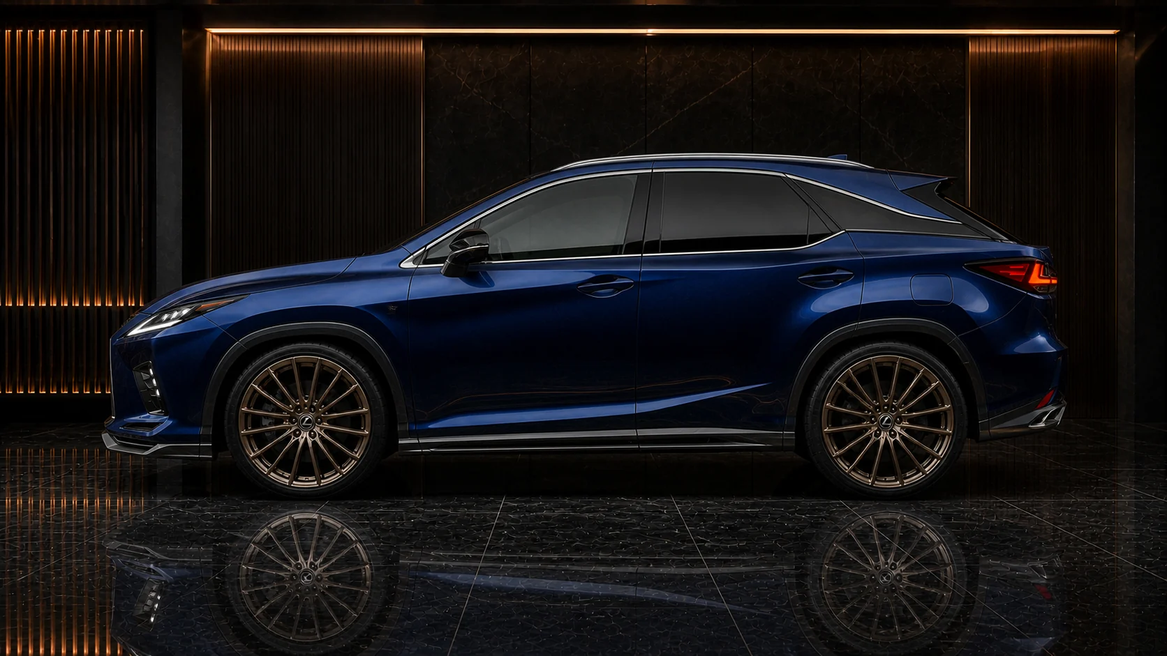 Midnight Sapphire Lexus RX450h F SPORT 8–10 mm mild-arch side AI concept visual