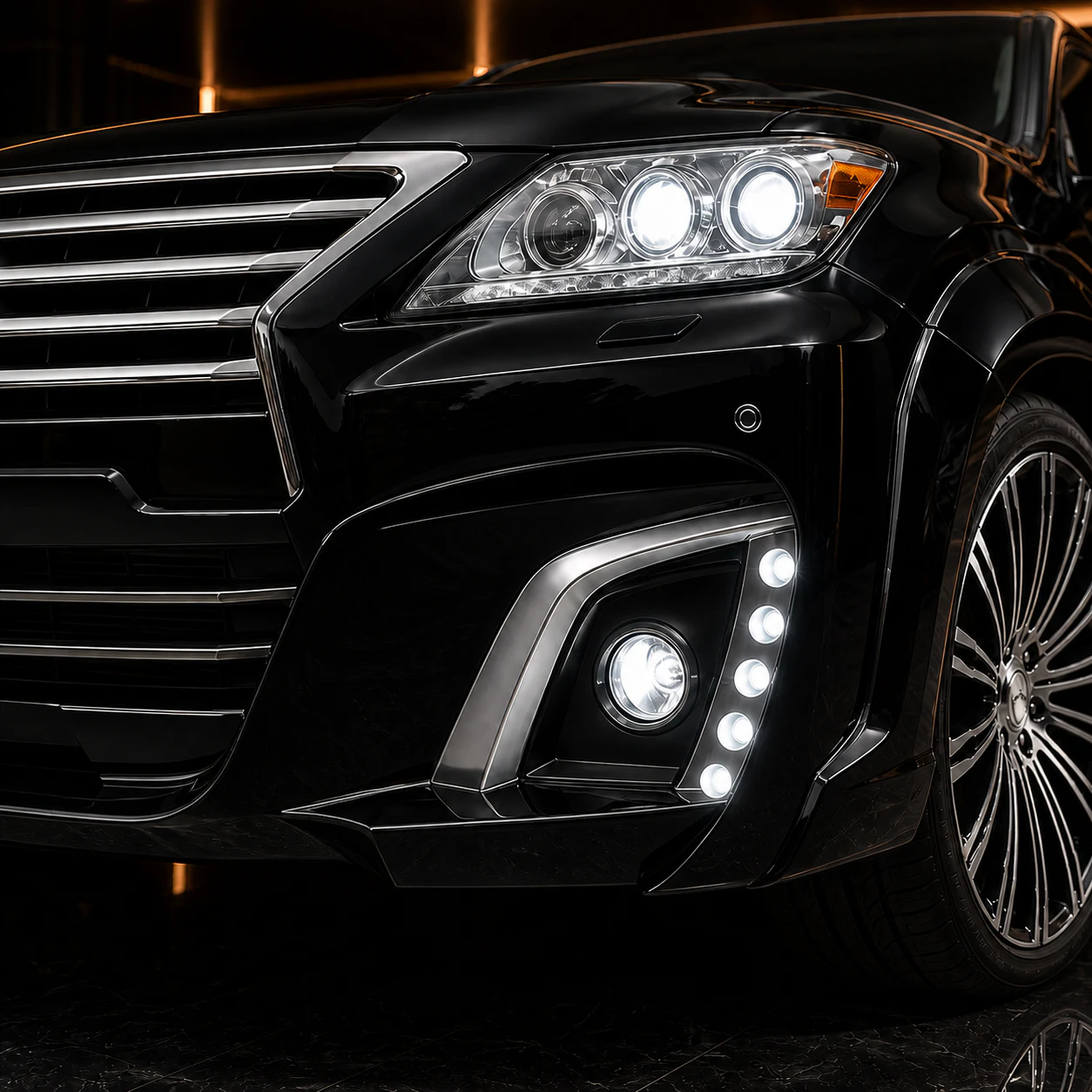 2012–2015 Lexus LX570 Black Edition front bumper with five-lamp LED stack concept visual