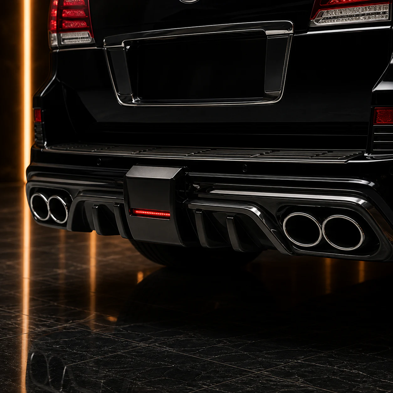 2012–2015 Lexus LX570 Black Edition rear bumper, central red LED and quad oval outlets concept visual