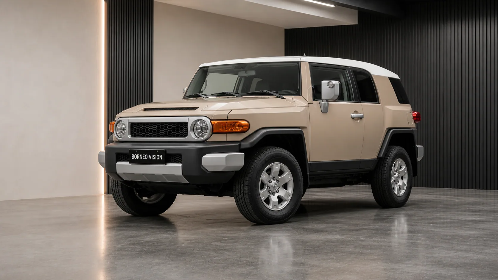 Toyota FJ Cruiser XJ10 in factory-stock appearance, front three-quarter view — BORNEO VISION generated factory reference