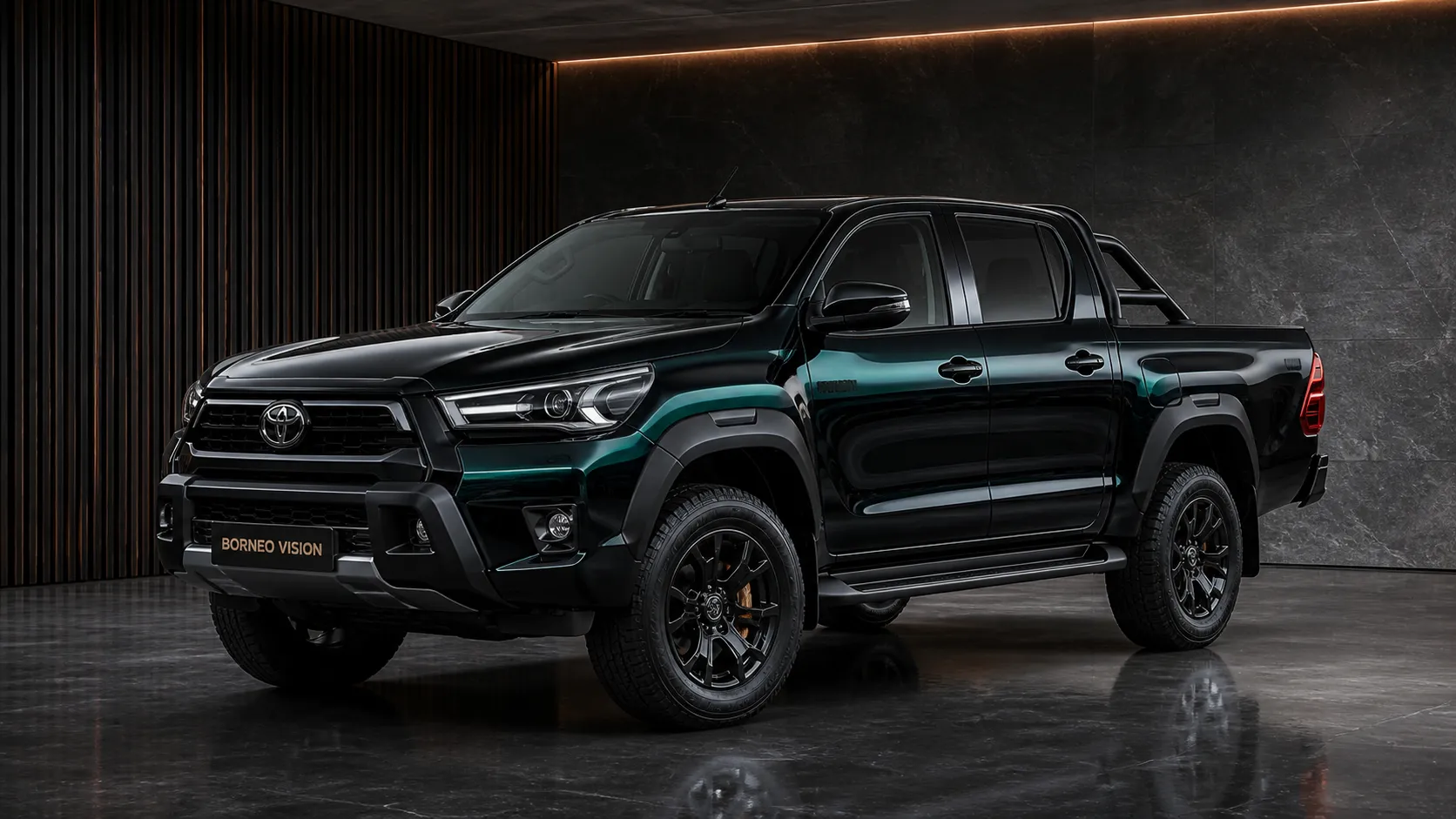 Toyota Hilux Revo in Deep Emerald, front three-quarter view — BORNEO VISION Design Concept