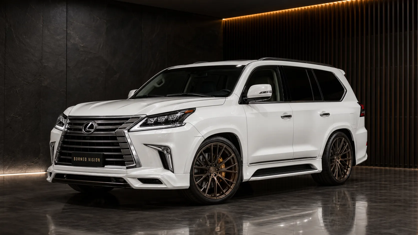 Lexus LX 570 late facelift in Pearl White, front three-quarter view — BORNEO VISION Design Concept