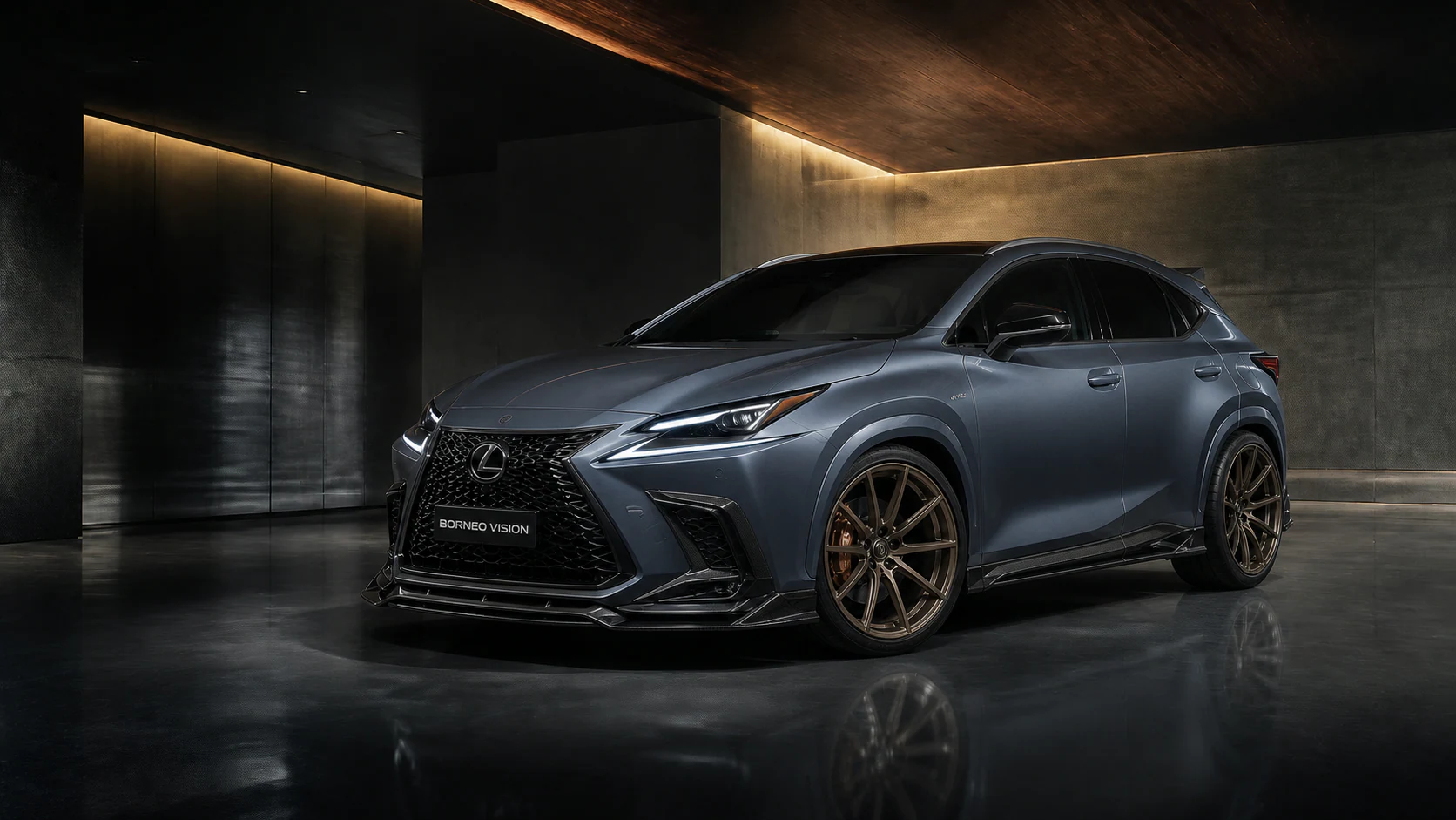 Titanium blue-grey 2026 Lexus NX complete urban sport aero conversion with BORNEO VISION showroom plate