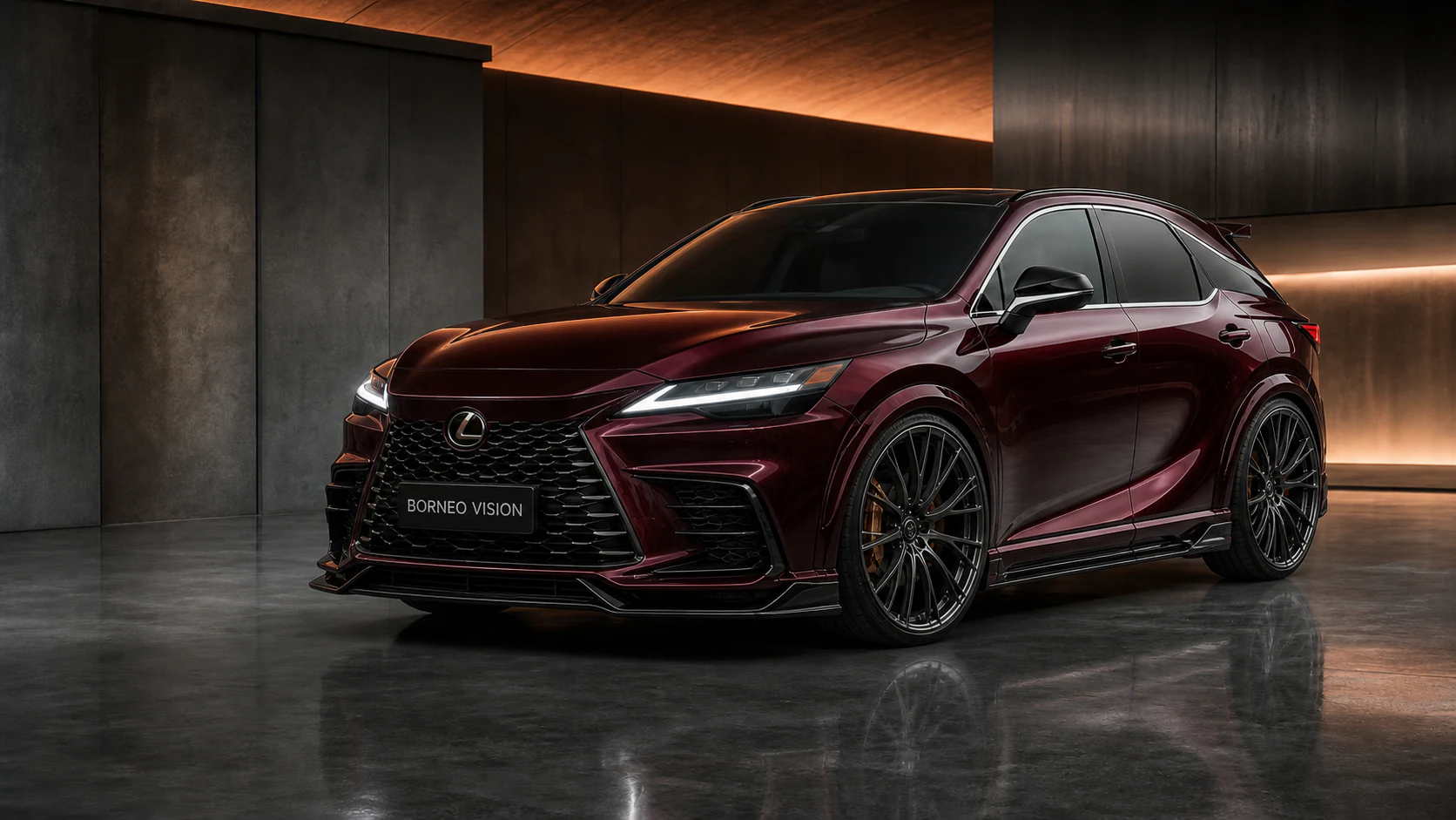 Royal-burgundy 2026 Lexus RX complete sport-luxury aero conversion with BORNEO VISION showroom plate
