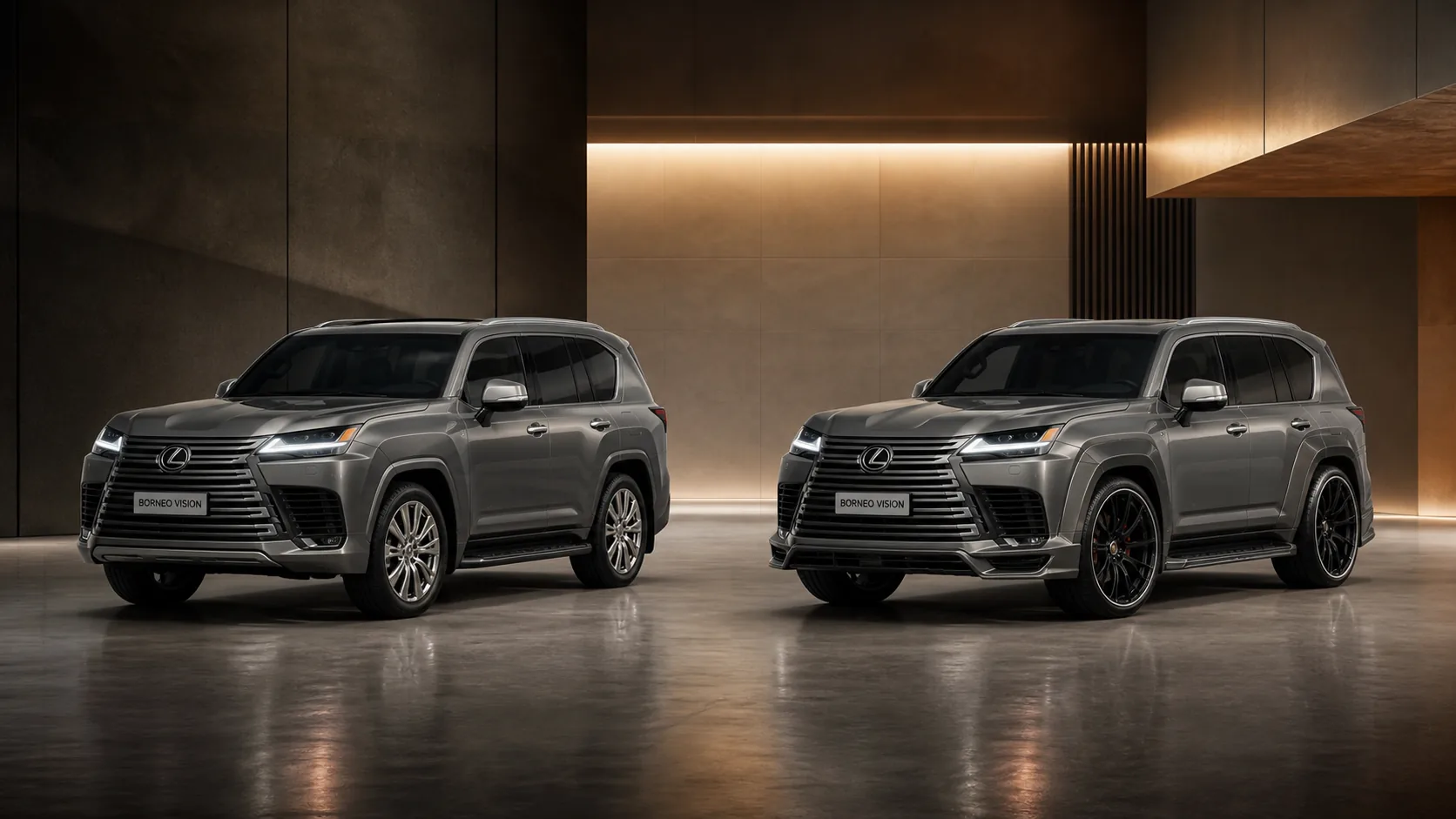 Editorial concept visual comparing a wide-body overfender direction with the factory body line on a large luxury SUV