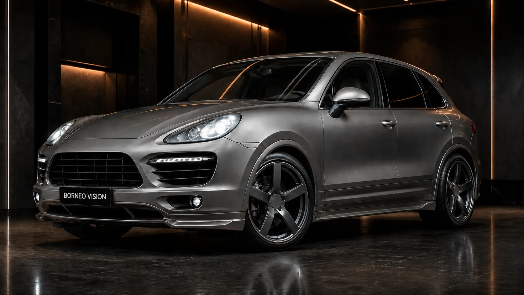 Titanium Quartz Grey Porsche Cayenne Turbo 958 Black Label factory-width 4P front AI concept visual