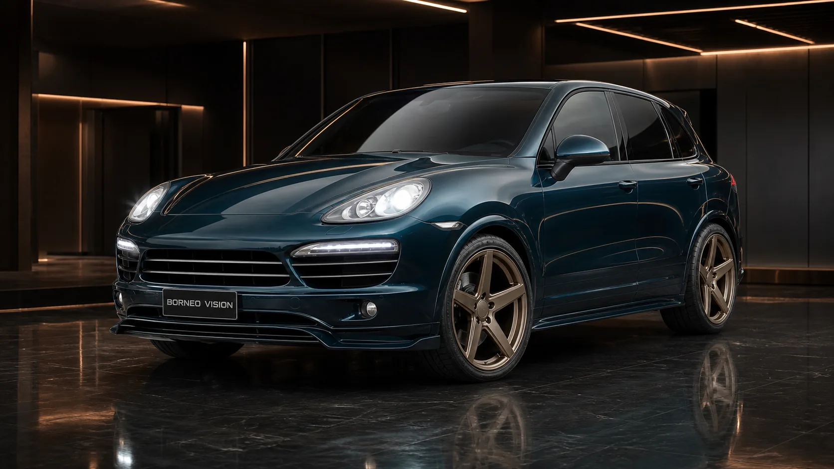 Midnight Teal Porsche Cayenne V6 958 Black Label factory-width Aero and Gate 4P front AI concept visual