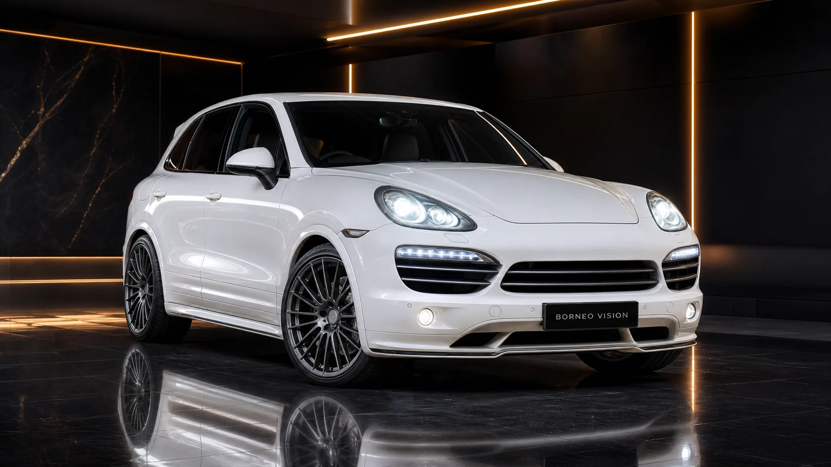 Arctic Pearl White Porsche Cayenne V6 958 Black Label factory-width Core Aero 3P front AI concept visual