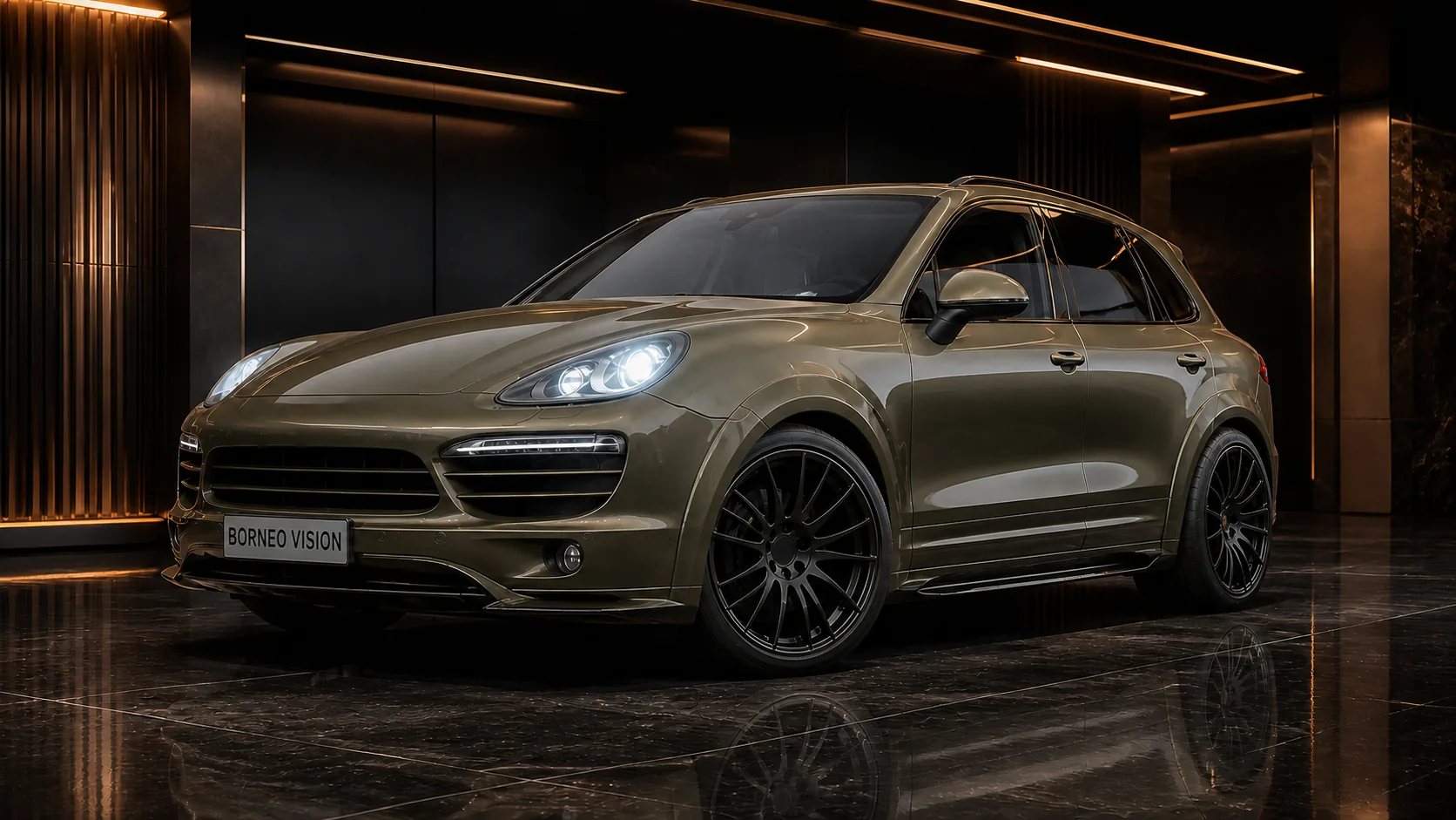 Muted Olive Bronze Porsche Cayenne V6 958 Black Label Widebody 5P front AI concept visual