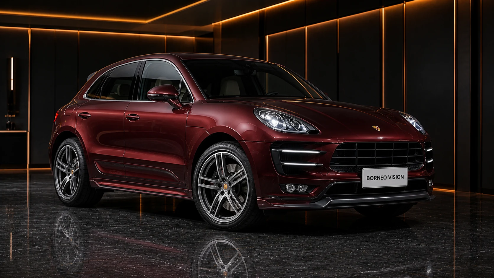 Deep Burgundy Porsche Macan Turbo 95B Black Label Core Aero 3P Complete front AI concept visual