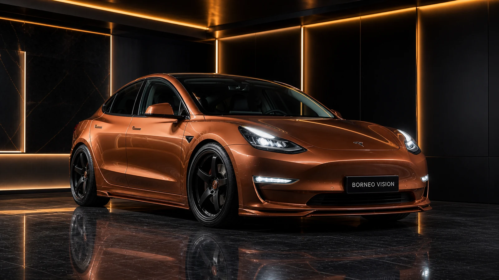 Burnt Copper Tesla Model 3 Pre-Highland EVS painted FRP widebody front AI concept visual