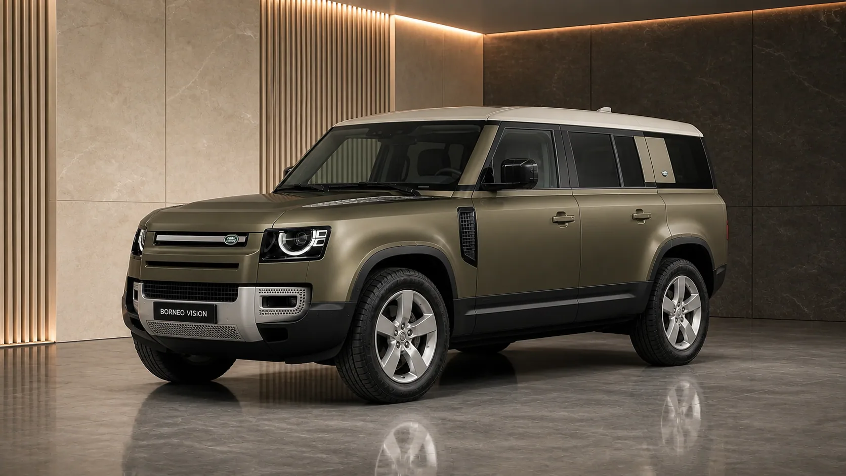Land Rover Defender 110 L663 in factory-stock appearance, front three-quarter view — BORNEO VISION generated factory reference